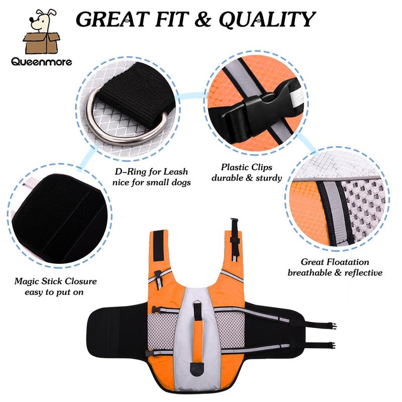 Queenmore Dog Life Jacket Swimming Vest Lightweight High Reflective Pet Lifesaver with Lift Handle, Leash Ring Orange,S - Image 2